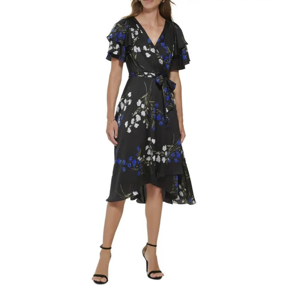 DKNY Black Floral Belted Midi Dress Size 12